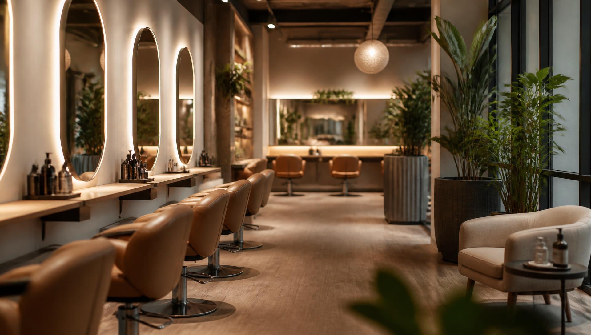 Softly lit salon interior with styling chairs and plants
